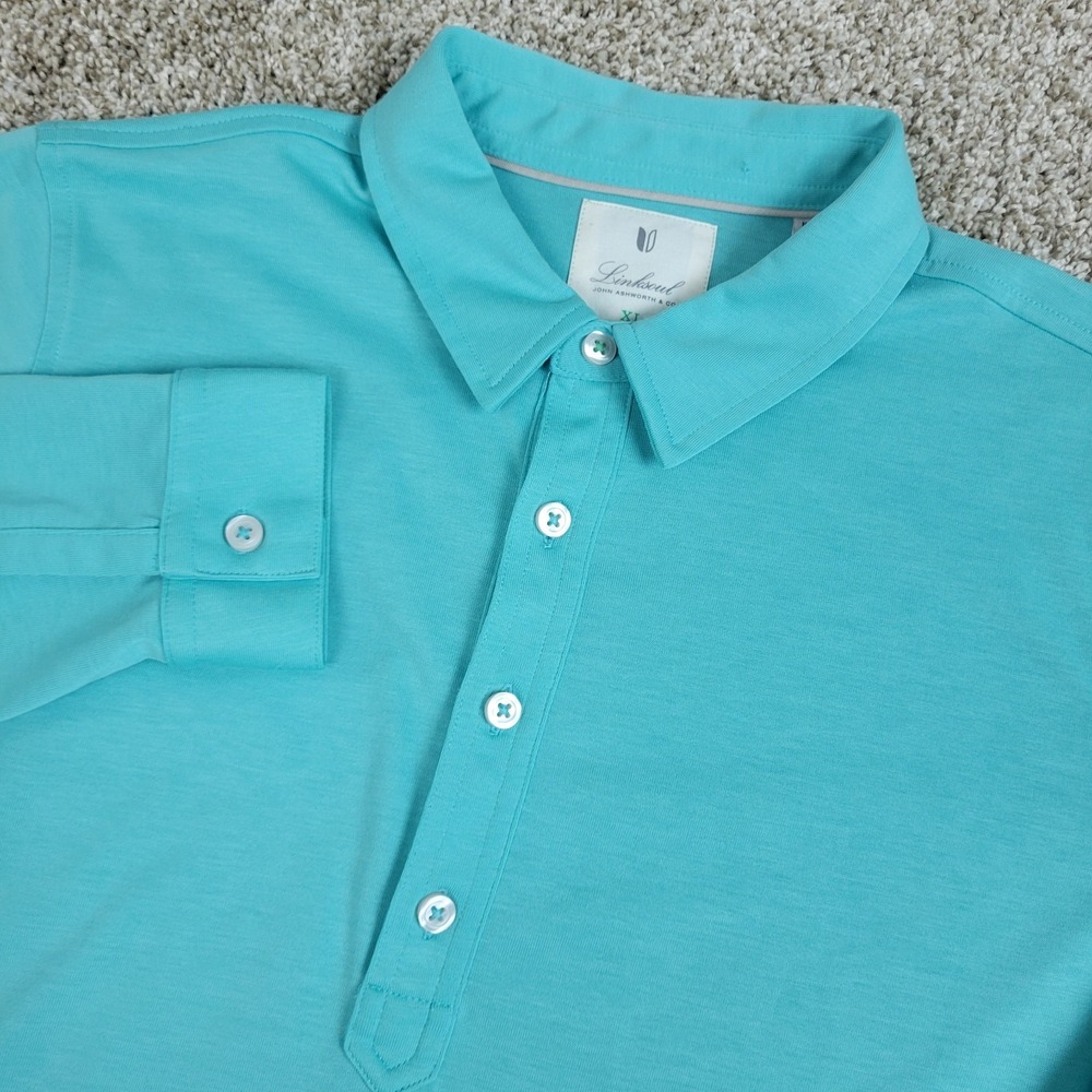 Linksoul Mens XL Solid Blue Stretch Knit Polo‎ Long Sleeve Luxury Cotton